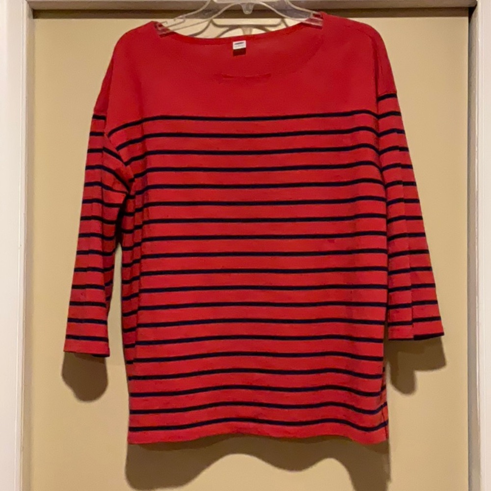 Stylish Old Navy Red and Navy Blue  Striped three quarter sleeve boatneck top